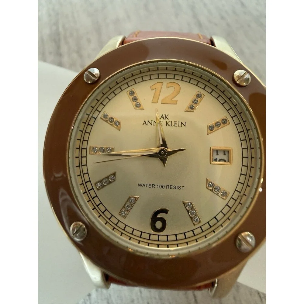 Anne Klein Watch Women's Gold Tone Brown Leather Band Quartz Analog WR 100FT SS